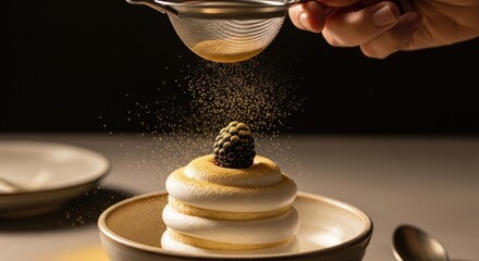 Pastry chef finishing a gourmet meringue dessert. A hand sifting golden powder over a fresh blackberry. Elegant patisserie creation for a luxury restaurant menu concept