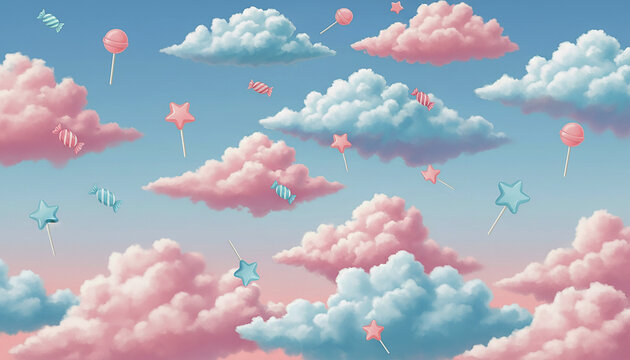 Pastel candy clouds and sweets in a dreamy sky background illustration