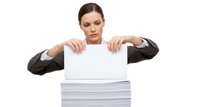 Frustrated Businesswoman Shredding Documents Demonstrating Document Destruction Confidentiality and Data Security Concerns