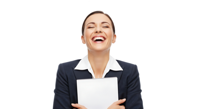 A Joyful Woman in Business Attire Laughing Heartily While Holding Documents Against an Isolated Black Background a Professional Portrait