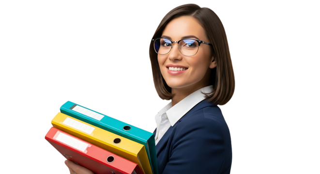 Young Professional Businesswoman in a Blue Suit Wearing Glasses Holding a Stack of Colorful Binders for Efficient Document Organization and Record Keeping
