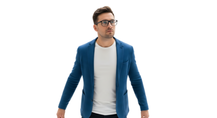 Professional Business Man Wearing a Blue Blazer and Glasses Standing Confidently with an Isolated Transparent Background for Easy Integration into Various Projects
