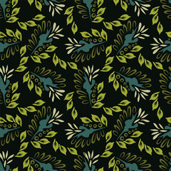 Vintage floral wallpaper with repeating patterns of large flowers and leaves. Earthy tones of brown and green dominate the floral design. Classic vintage style. Vintage art