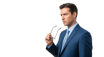 Thoughtful Businessman in a Dark Blue Suit Holding His Glasses and Looking Off to the Side Isolated on a Black Background