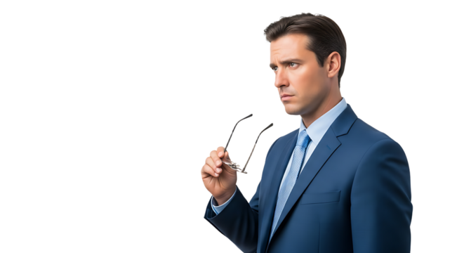 Thoughtful Businessman in a Dark Blue Suit Holding His Glasses and Looking Off to the Side Isolated on a Black Background