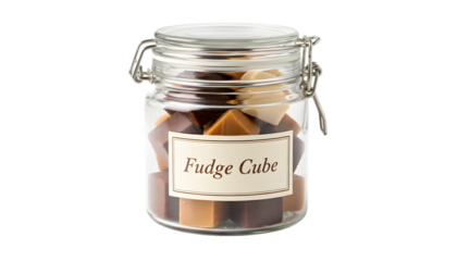 A jar of fudge cube isolated on transparent background, a sweet and delicious treat
