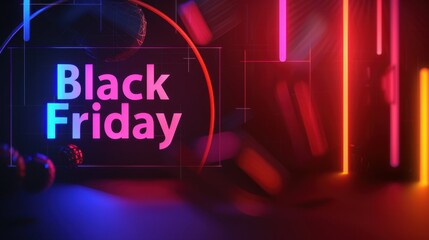 Colorful abstract design with neon lights and the text 'Black Friday'. The scene features vibrant colors and geometric shapes, creating a festive atmosphere.