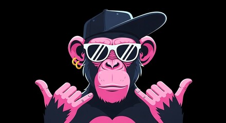 Pink Monkey Wearing Sunglasses and Baseball Cap Making Hand Gestures primate animal
