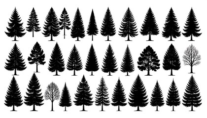 Black silhouette collection of diverse trees, perfect for forest themes