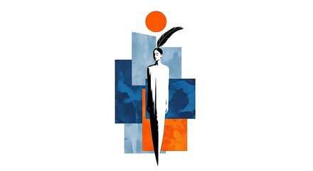 Stylized woman in white dress with feather headdress and abstract geometric background image