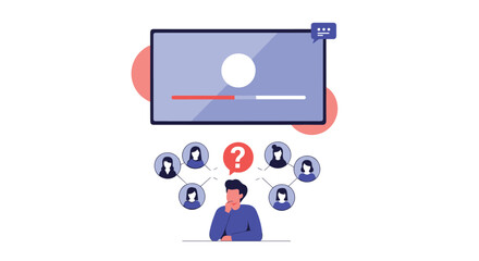 Man thinking about his target audience for a video marketing campaign, with a network of user profiles connected to a video player interface.