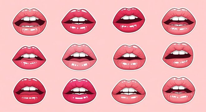 Twelve glossy pink and red lips with white teeth and pink backgrounds mouth open mouth