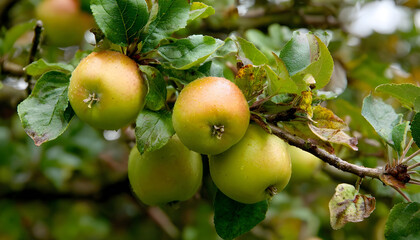 Ripe Bramley cooking apples on a low tree in autumn.
