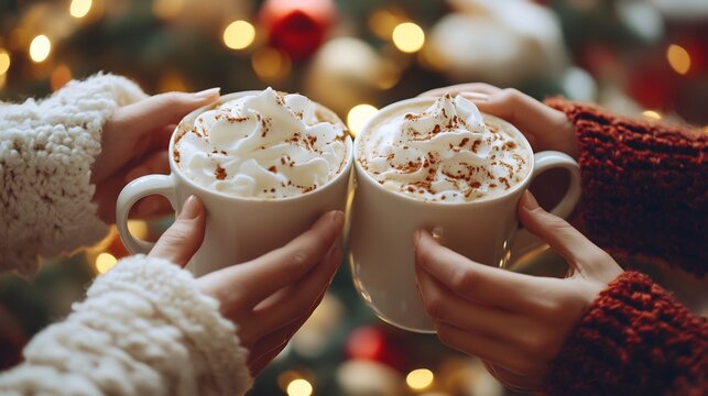 Family hands clinking mugs of hot chocolate whipped cream festive table setup cozy faceless holiday vibe