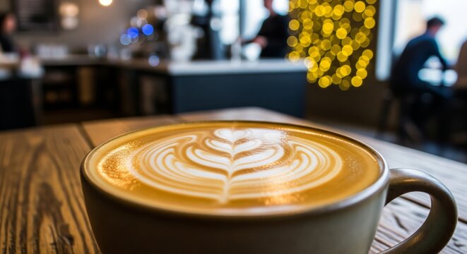 Artisanal Coffee in Modern Cafe. beautifully crafted latte art in a ceramic cup. The cup rests on a rustic wooden table. In the softly blurred background, cozy interior of a modern coffee shop