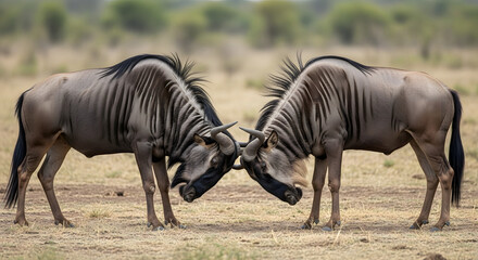 Two wildebeest facing each other with heads lowered in a savanna antelope animal
