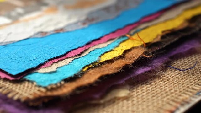 Close Up Stacked Colored Fabric Textures Displaying Blue Pink Yellow Brown Burlap Material Layering Soft Focus Macro Textile Abstract Composition