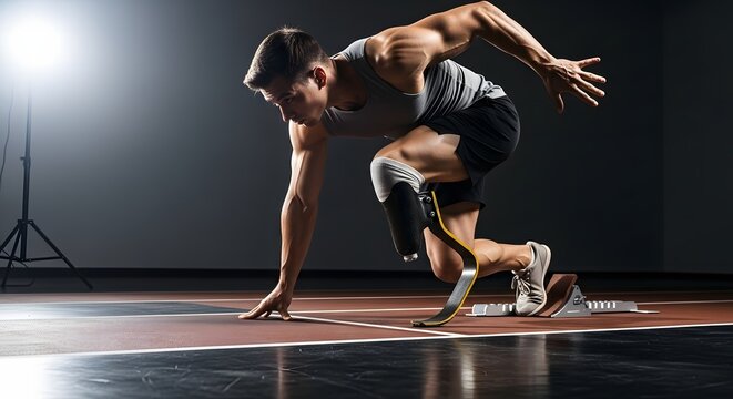 Man with prosthetic leg in starting position on a running track ready