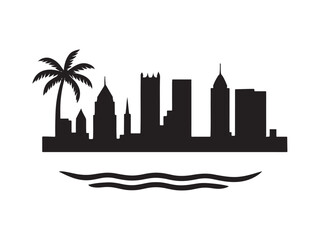 Pittsburgh Skyline Silhouette with Palm Tree and Waves &ndash; Vector City Logo Design. Black and White Pittsburgh Cityscape Illustration &ndash; Modern Skyline Vector Art
