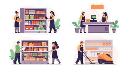 Set of four scenes depicting supermarket staff at work, including stocking shelves, working the checkout counter, taking inventory, and cleaning the floor.