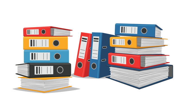 Two large stacks of colorful office binders and papers, representing business archives, heavy paperwork, and document storage in an office.
