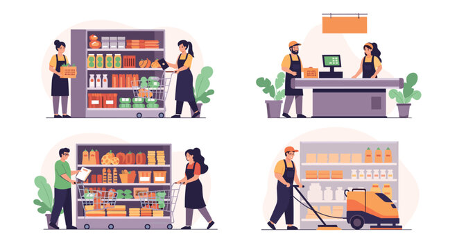Set of four scenes depicting supermarket staff at work, including stocking shelves, working the checkout counter, taking inventory, and cleaning the floor.