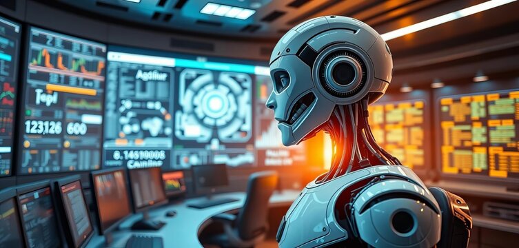 Futuristic AI robot in sleek control room, monitoring complex systems,  graphic,  blue