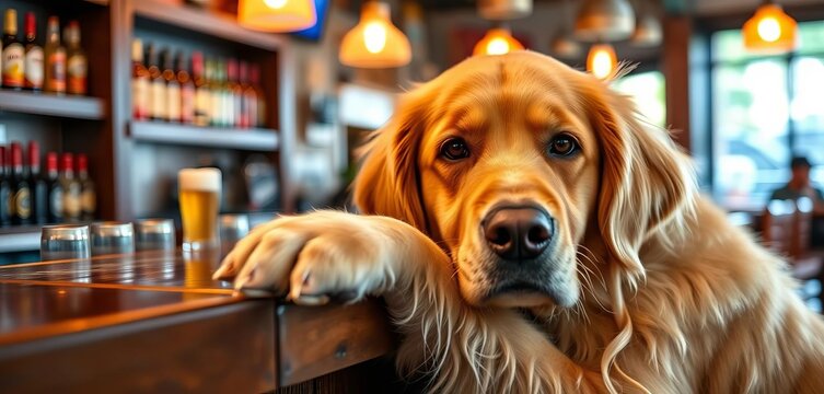 Golden retriever's paw rests on bar, eyeing beer,   dog at bar,   dog wanting beer