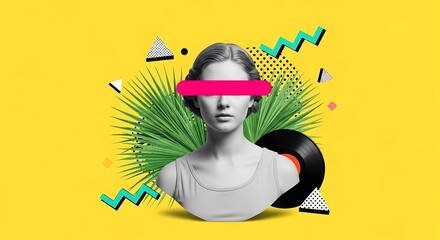 Woman bust with pink bar over eyes and retro geometric shapes eyes covered
