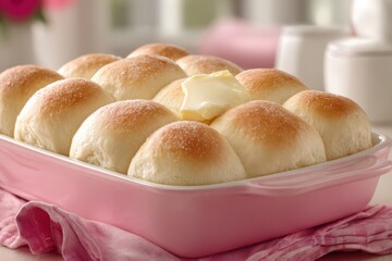 A delightful tray of warm, freshly baked dinner rolls topped with melting butter.