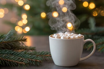 Cup of hot chocolate with marshmallows and steam rising, surrounded by fir branches and festive bokeh lights. Cozy winter holiday mood, perfect for Christmas and New Year background or banner.