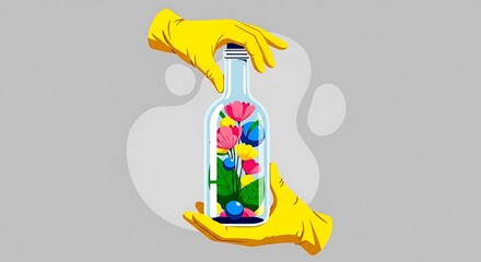 Yellow gloved hands holding glass bottle with colorful flowers inside yellow gloves