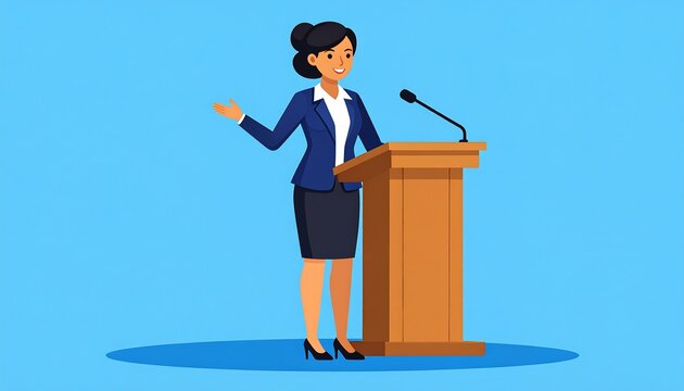 Cartoon female speaker on a podium, addressing an audience