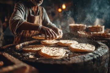 Artisan preparing fresh traditional flatbreads with flour dust in a rustic kitchen setting