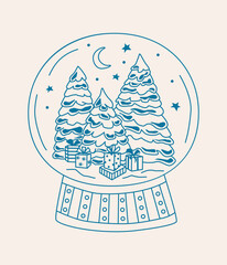 Hand-drawn vector snow globe with Christmas trees, gift boxes and snowing. Whimsical winter holiday doodle illustration in blue color.