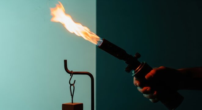 Person using a powerful butane torch for a precision task. Intense orange flame for soldering or crafting. Metaphor for power transformation and focused energy in business