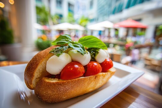 Fresh caprese baguette with mozzarella, cherry tomatoes, and basil served outdoors.