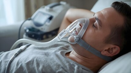 Sleep Apnea Therapy — Man Resting on Sofa with CPAP Machine and Breathing Mask in Soft Depth of Field