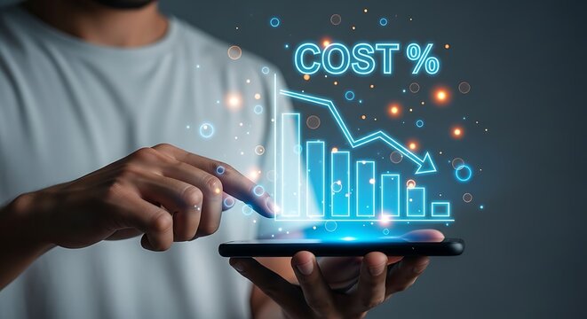 Man using smartphone to analyze falling cost percentage graph with glowing digital data and statistics