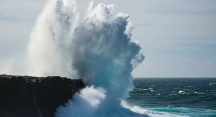 Fototapeta premium Massive ocean wave crashing against a dark rocky coastline. Powerful sea spray exploding into the air. The raw force of nature and untamed energy. A concept of turbulence and impact