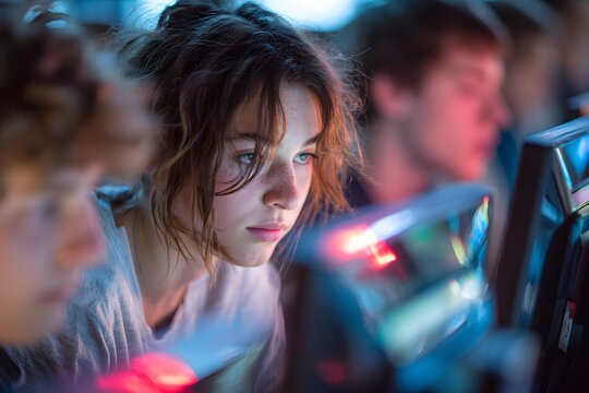 High school students using laptop during computer class