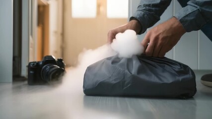 Steam or vapor rises from a black thermal bag as someone opens it, hinting at temperature sensitive items. The scene is set indoors with a camera positioned to document the process