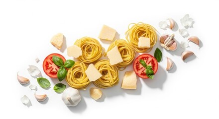 Fresh ingredients for Italian pasta recipe. Uncooked linguine nests with parmesan cheese. Sliced tomato with basil and garlic cloves. Healthy Mediterranean food concept