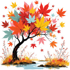 Colorful autumn tree by the river vibrant illustration with falling leaves