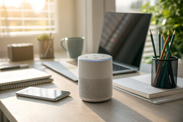Voice assistant on desk soft daylight interior
