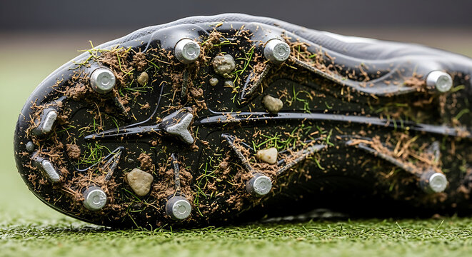 Close up view of a muddy soccer cleat sole with grass and dirt after a game on a turf field