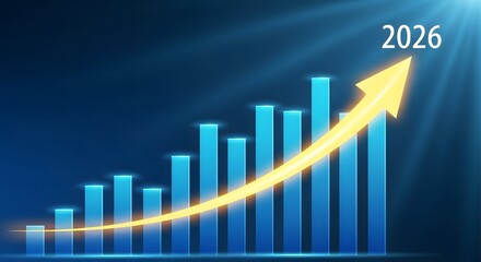 Upward trending bar chart with arrow indicating growth towards the year 2026