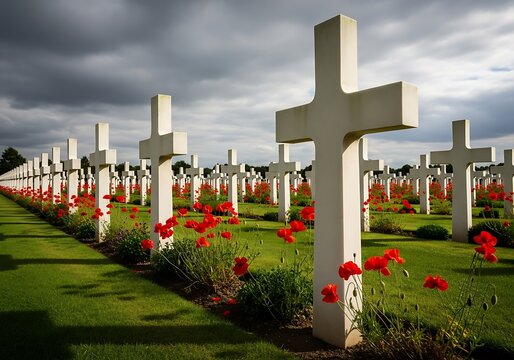 Rows of white crosses in a cemetery with red poppies and a dramatic cloudy sky overhead