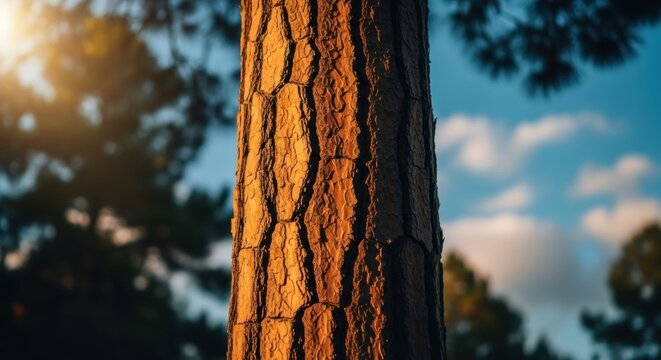 Textured pine tree bark in golden hour sunlight. Natural organic patterns for sustainable concepts. Serene forest scene for environmental awareness. Outdoor lifestyle and nature conservation - Powered by Adobe