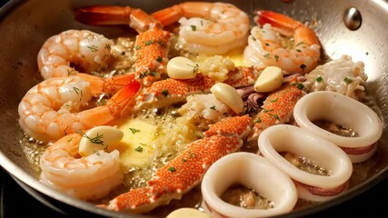 Seafood Medley Sizzling in Butter with Garlic Close Up Presentation in Silver Pan, Featuring Shrimp, Squid, and Crab with Garnish of Parsley Sprigs